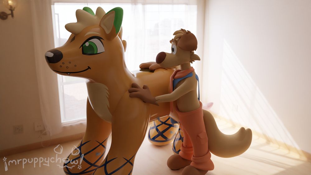 brown anthropomorphic dog character in a room getting ready to ride on a giant orange inflatable wolf/fox toy