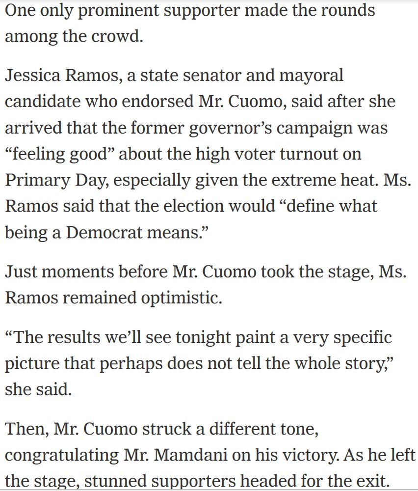 NY Times describing Jessica Ramos optimistically handling the Cuomo watch party crowd, just before Cuomo conceded. 