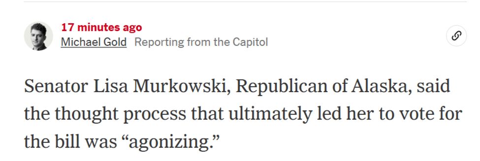Senator Lisa Murkowski, Republican of Alaska, said the thought process that ultimately led her to vote for the bill was “agonizing.”