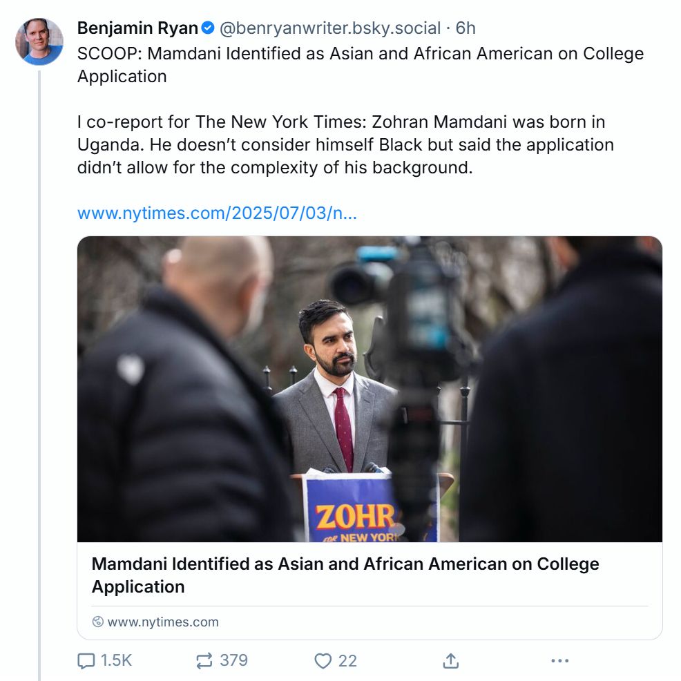 Benjamin Ryan boasting of his "co-reported" NY Times story on Zohran Mamdani's ethnicity, with 22 likes, 379 reposts, and 1.5k comments.