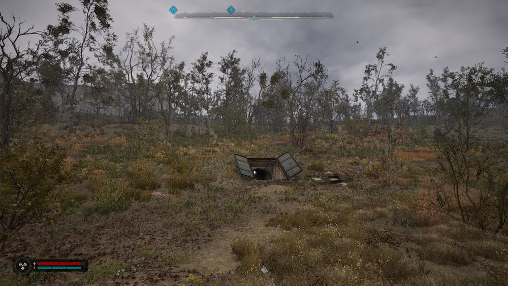 A yellow and green sloped hillside. Trees and brush dot the landscape near the top of the slow. In the center of the frame is an underground bunker door, the doors are open and the light inside is on. The door slopes into the landscape in such a way to feel as if it is one with the hill.