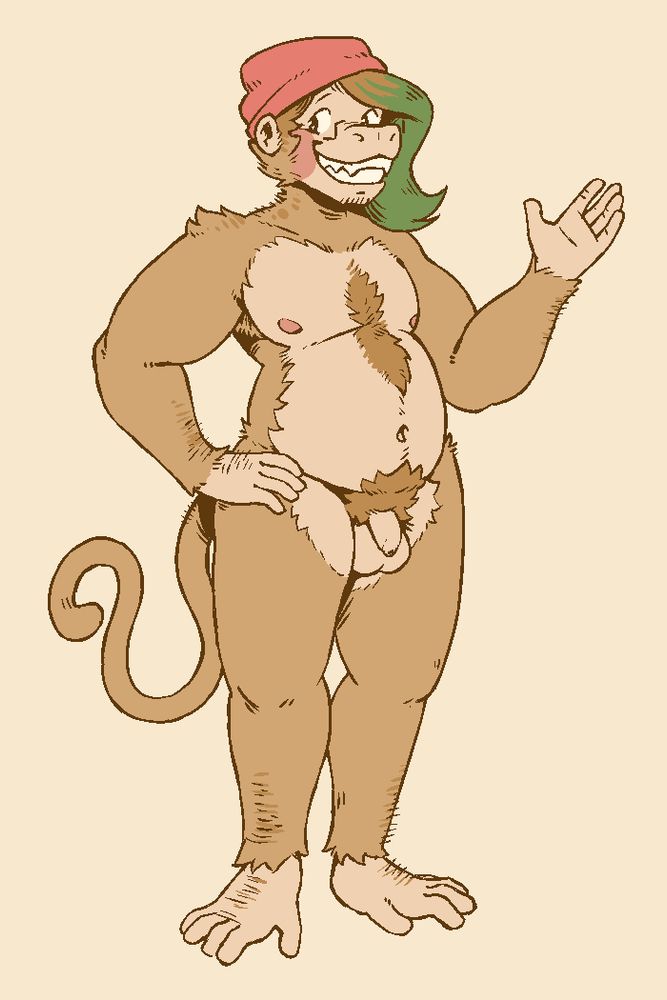 Chris, my sona, but as a chimp. He's got blonde fur and green dyed hair in the shape of my sona's usual frill. He also wears an orange-ish beanie.