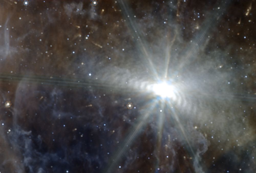 A bright, white star sits right of center. Concentric white rings surround the white star, but are mainly only visible from the 10 o'clock and 5 o'clock positions. The rings appear at mid inclination rather than face on. There are pale clouds around the star, some of which look like skinny comets (they are not comets) with trailing tails, brightest parts toward the star. There are many other stars in the image, but they are dim compared to the very bright subject of the image. Rays known as diffraction spikes surround the star in geometric precision. They are distracting artifacts, but it easy enough to look past them. There are some muddy brown at the top and left of the image and a dark blue to the bottom left. The colors do not necessarily have much bearing on the image as the rings are the important part.