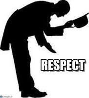 White background. A man is bowing, right hand palm out, and tipping a bowler hat to the right. Benehath his hat in white letters rimmed in black is the word RESPECT