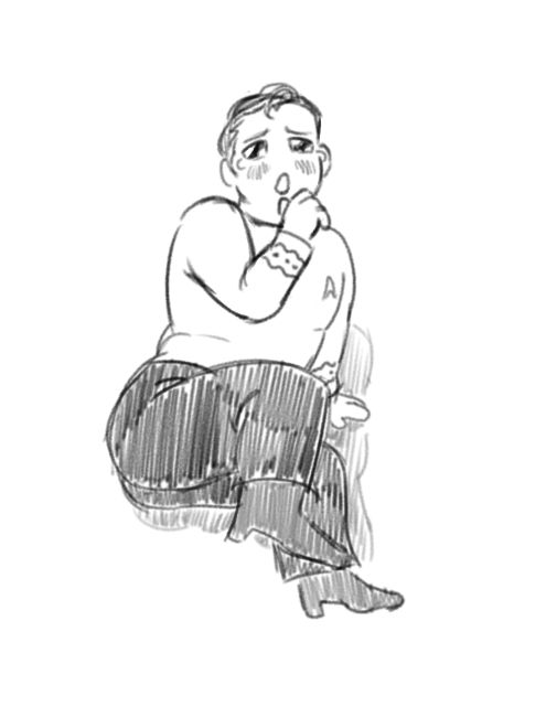 black and white doodle of captain jim kirk on the floor. he seemed to have been pushed down and has cutesy anime eyes with some tears falling from them, his hand has come up to his face. his torso is twisted from falling onto his side to look at the audience. how dare you push him? 