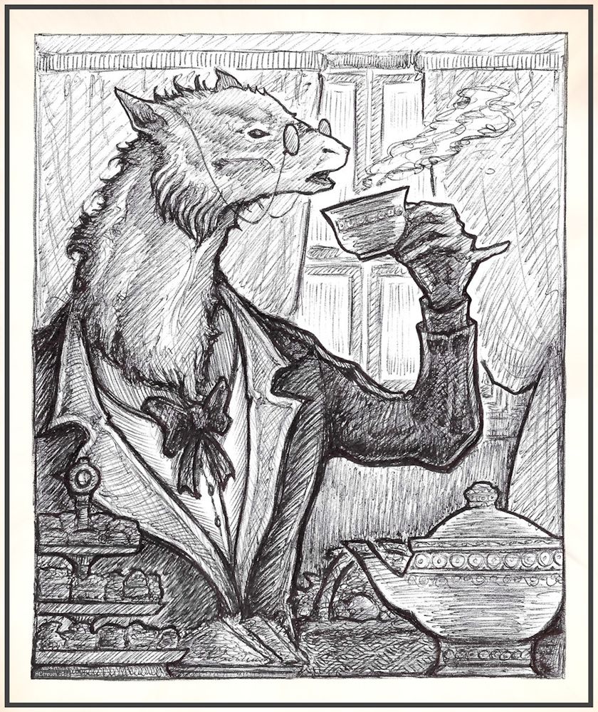 Ballpoint pen illustration of an anthro, hybrid character drinking some hot tea in a cup. He's got a long neck, a fluffy fur, glasses, a fancy suit and a bow tie. In the foreground there are some foods and drinks ready for a tea party. 
