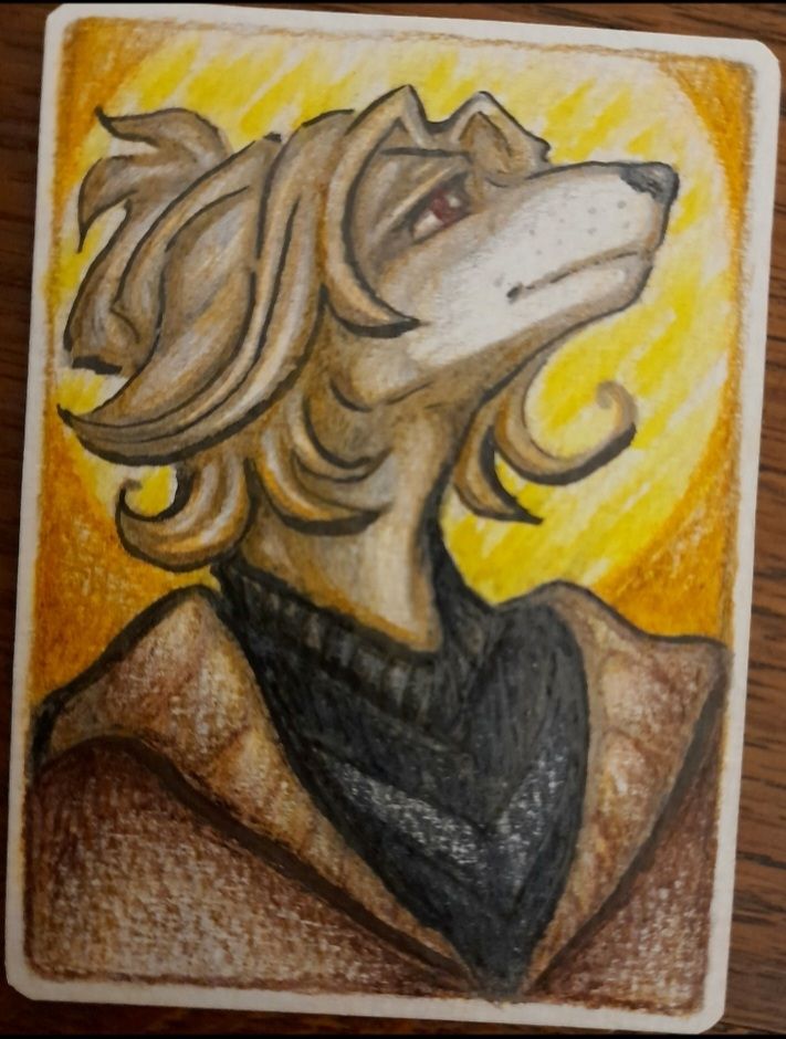 Francesco for xKarka.
Portrait of an anthro borzoi being quietly smiling. He's got a grayish white fur, red eyes, and wears a black jacket and a brown cloak above. His hair is tied into a bun. 