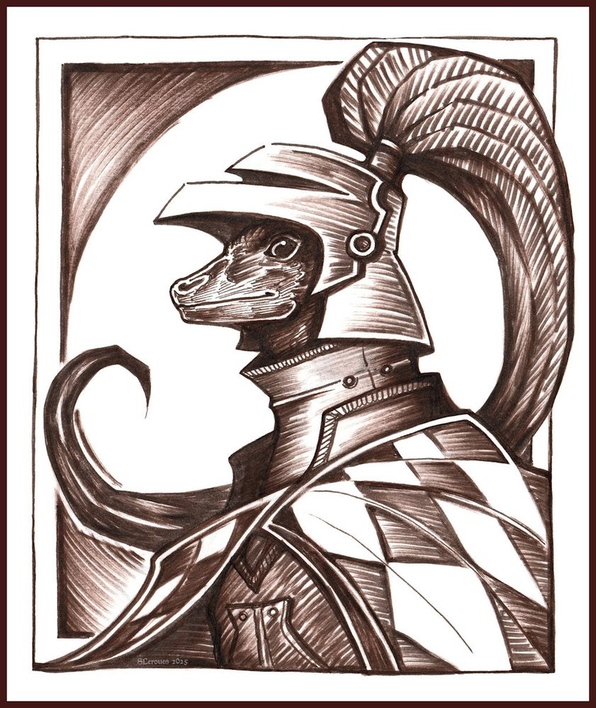 Linocut portrait of a microraptor wearing a medieval feathered helmet and a checkered cape. She's looking at the viewer with a mischievous smile. 