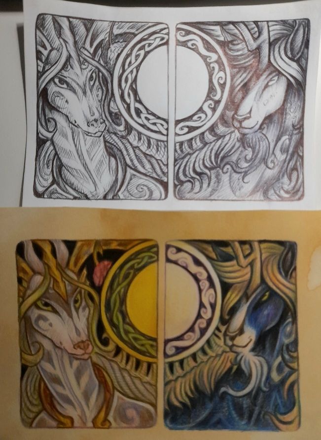 Darach and Morwyn for AndromedasWitchery. 
Double portraits of two equine, kirin-like creatures facing each other. The first set of portraits above is black and white while the other below is coloured.
One of them has a white fur with pinkish, purple stripes. He's got a pale greenish mane, a small pink nose, three horns whom the left one is adorned with a rose. His eyes are green with black pupils and he's looking with a curious gaze.
The other creature looks more like a unicorn and got one single horn on her forehead. Her fur is dark blue with some white stripes here and there. Her nose's large and black, her mane is greenish yellow, she's got a fluffy white goatee as well.
In the middle of both pictures is a circle with celtic patterns on one side, japanese patterns on the other side. It is supposed to be representing the sun and the moon.
