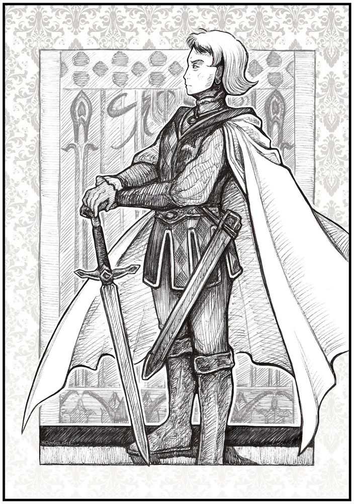 Ballpoint pen fullbody portrait of a knight standing up with his arms resting on his sword. He's wearing a checkered tunic, boots and a flowing cape. He's looking at the horizon with a serious expression. 