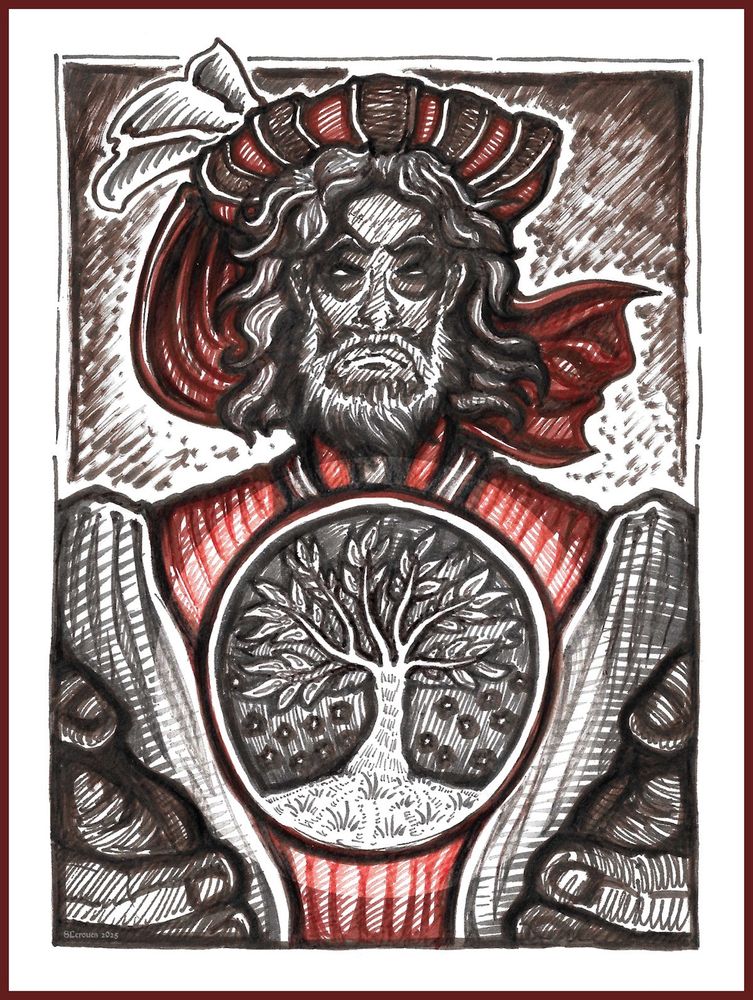 Linocut portrait of a bearded man wearing a medieval chaperon. He's holding a levitating orb in which appears the picture of a laurel tree beneath a starry sky. 