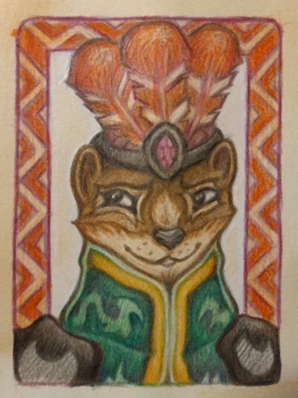King Lima for axic0n.
Portrait of anthro weasel smiling innocently. He's wearing a feathered crown adorned with a jewel, a golden and green mantle, as well as black shoulder pads. Around him is a frame adorned with slavic patterns.