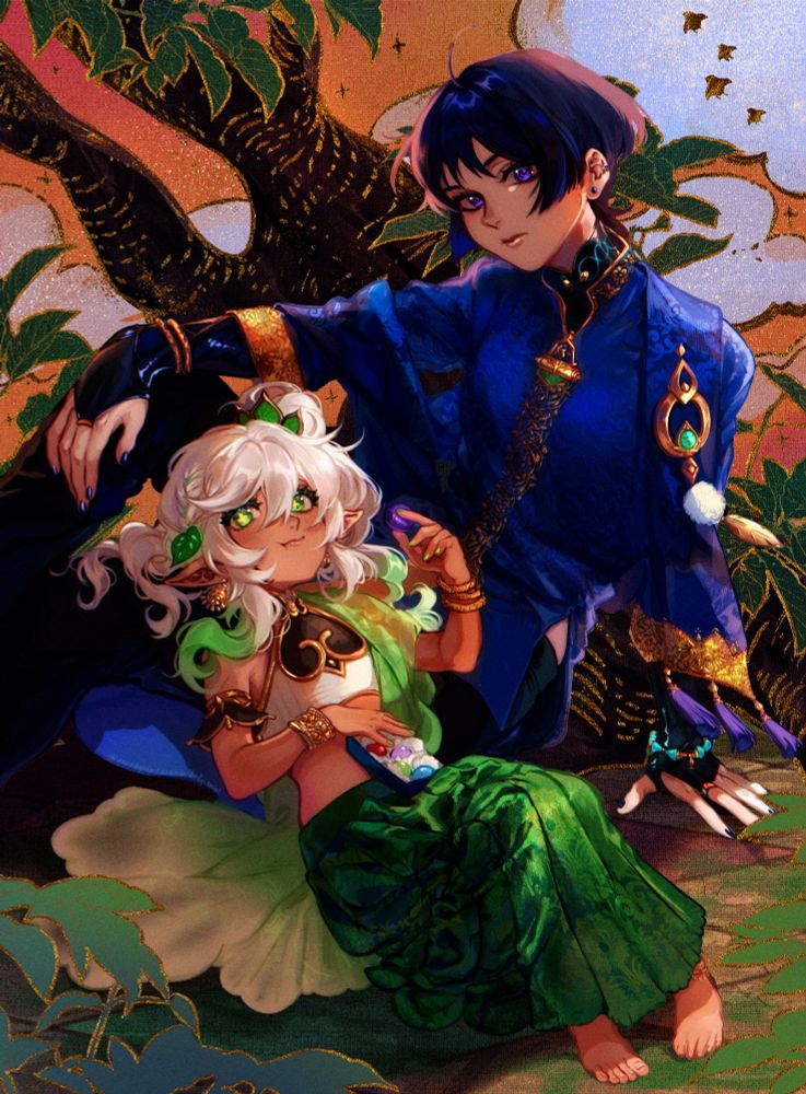 Nahida in a green silk lehenga and Wanderer in a deep blue kurta with gold zardozi, seated beneath a tree. She is eating from a box of yalda candies while lounging against Wanda's legs