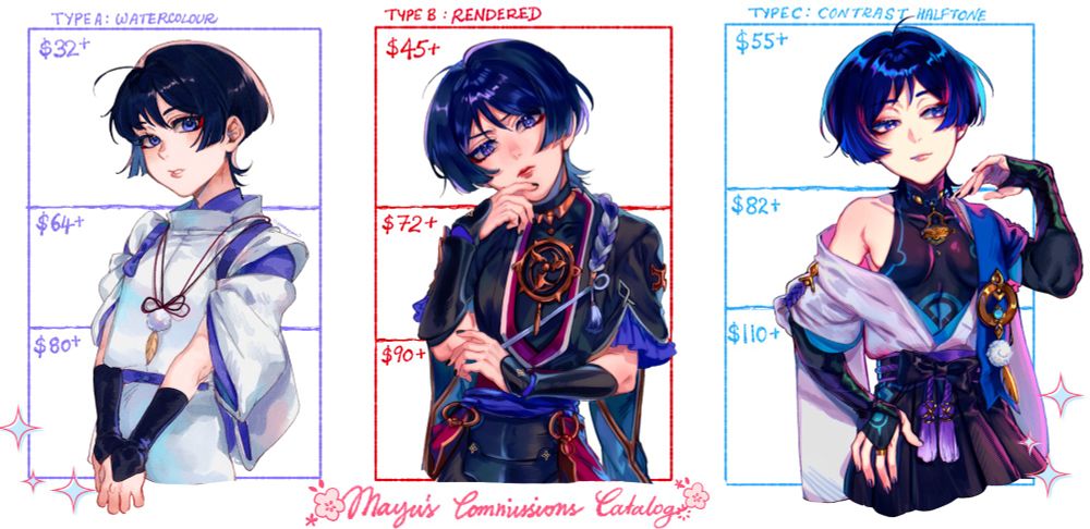 Commissions price catalog featuring Wanderer, Scaramouche, and Kabukimono