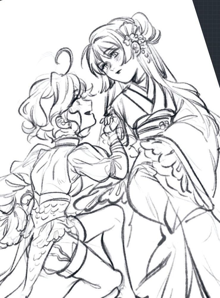 Furina kneeling in waistcoat and breeches, courting Scara who is wearing long hair and an elaborate kimono