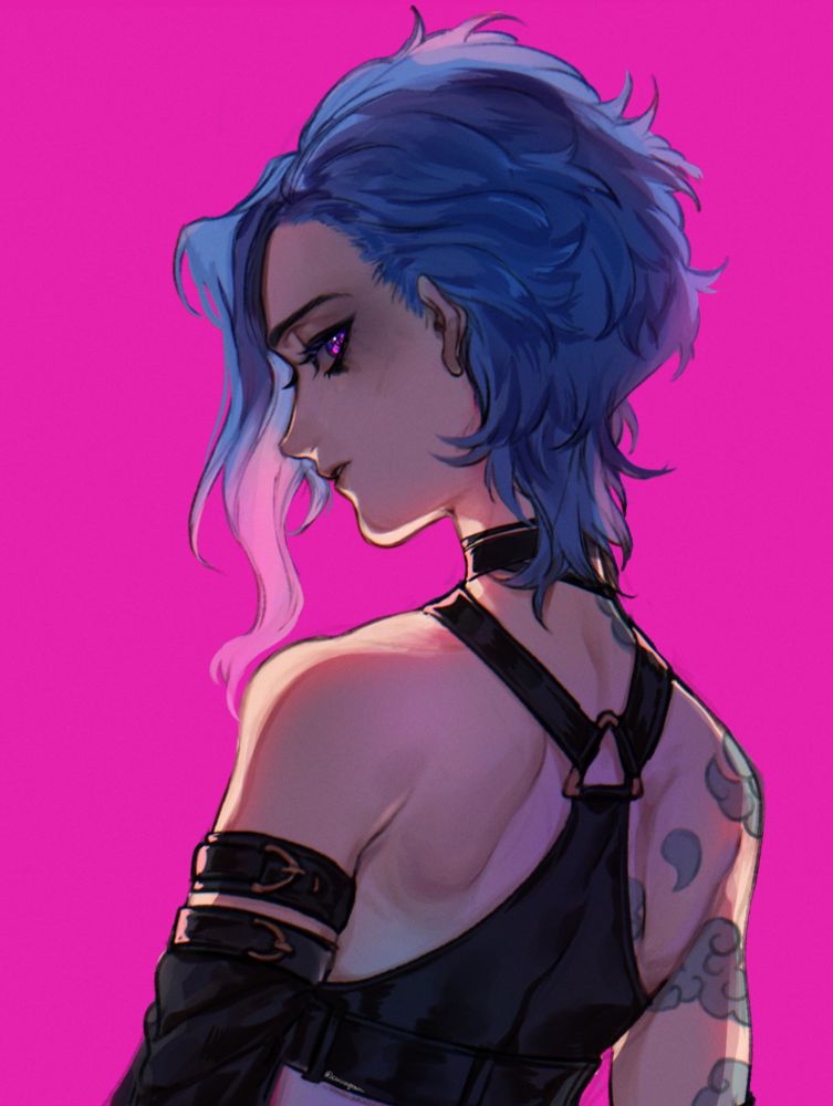 Jinx Arcane with short hair against a hot pink background, with her back to the camera 