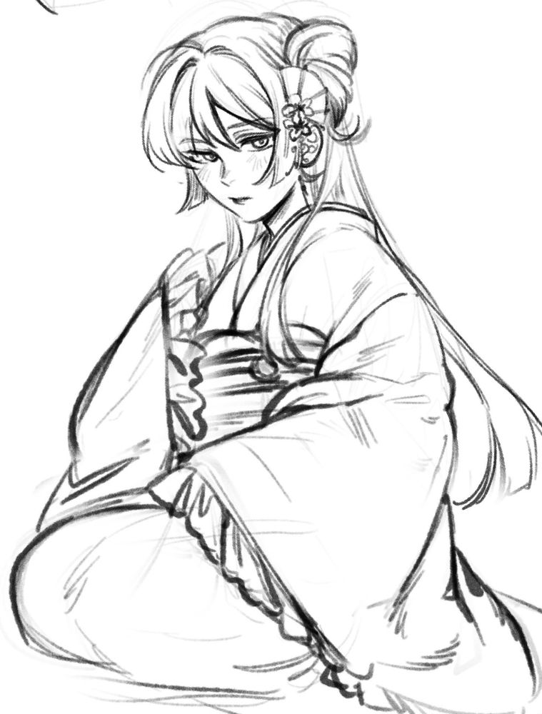 Scaramouche as a princess wearing a frilly formal kimono, a kanzashi in his long hair