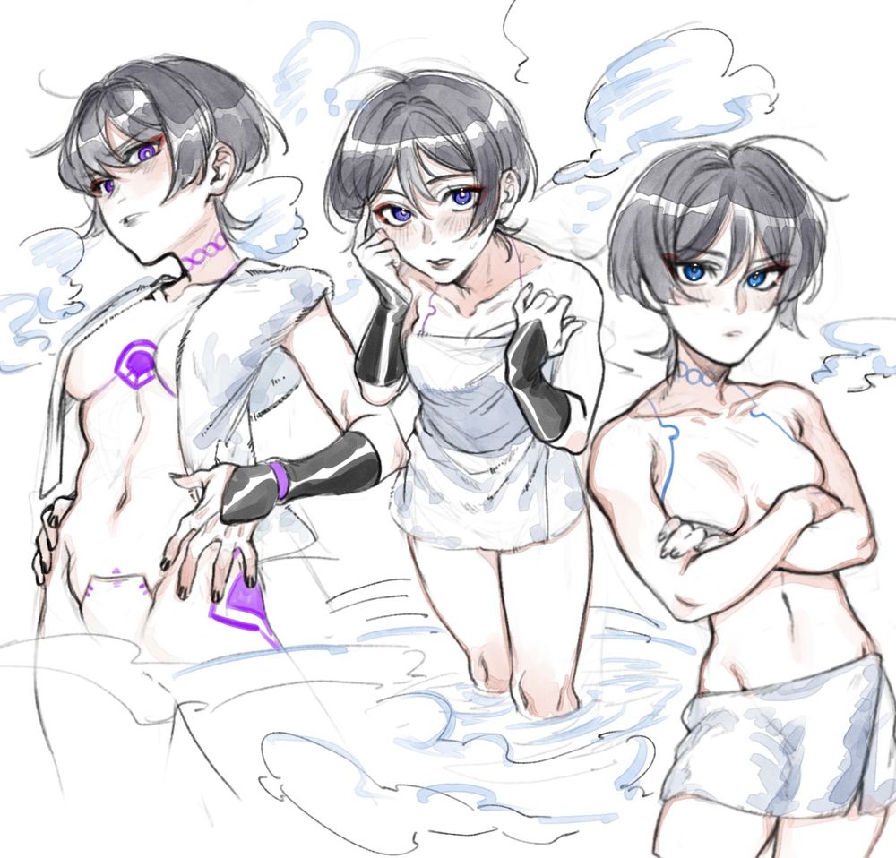 Kabukimono demurely wearing his towel wrapped around his torso, Scaramouche with his draped over his shoulders and his bottom half uncovered, Wanderer with his towel around his waist with his tits out 