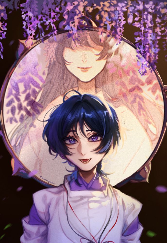 Kabukimono smiles joyfully underneath wisteria, a round mirror behind him reflecting Makoto 