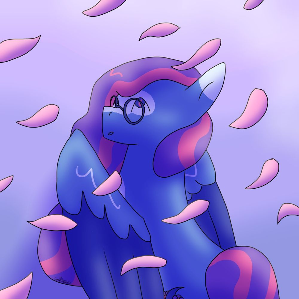 A dramatically shaded image of a mlp Pegasus from behind. She is sitting, her her wings half open as she looks behind and up at the many petals falling from the sky