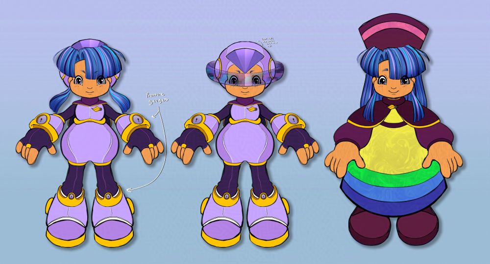 A drawing reference of a girl with straight blue hair. In the first two drawings show her power suit, one showing her hair and the other showing her full helmet and visor. The third drawing is her in a layered dress, a cloak, and a montera hat.

tags
TagAxArt AxRBG AxOCS