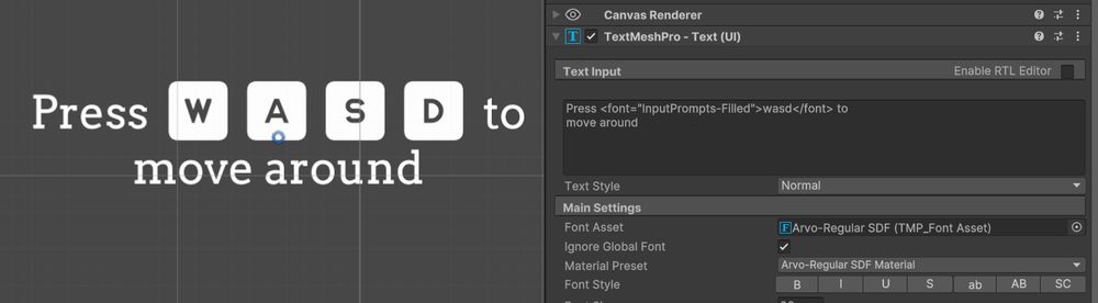 screenshot in unity showcasing the font usage. it says "press wasd to move around" but the "wasd" are replaced with icons of the keyboard