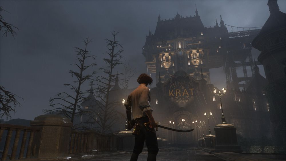 A screenshot from Lies of P showing Pinocchio holding a sword looking at lit hotel through fog