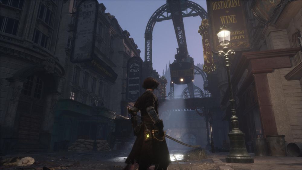 A screenshot from Lies of P showing Pinocchio in an art deco styled city with a monorail car dangling on a track above him