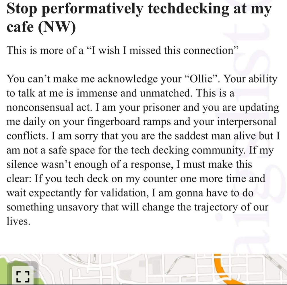 A missed connections post entitled "Stop performatively techdecking at my cafe (NW)" 