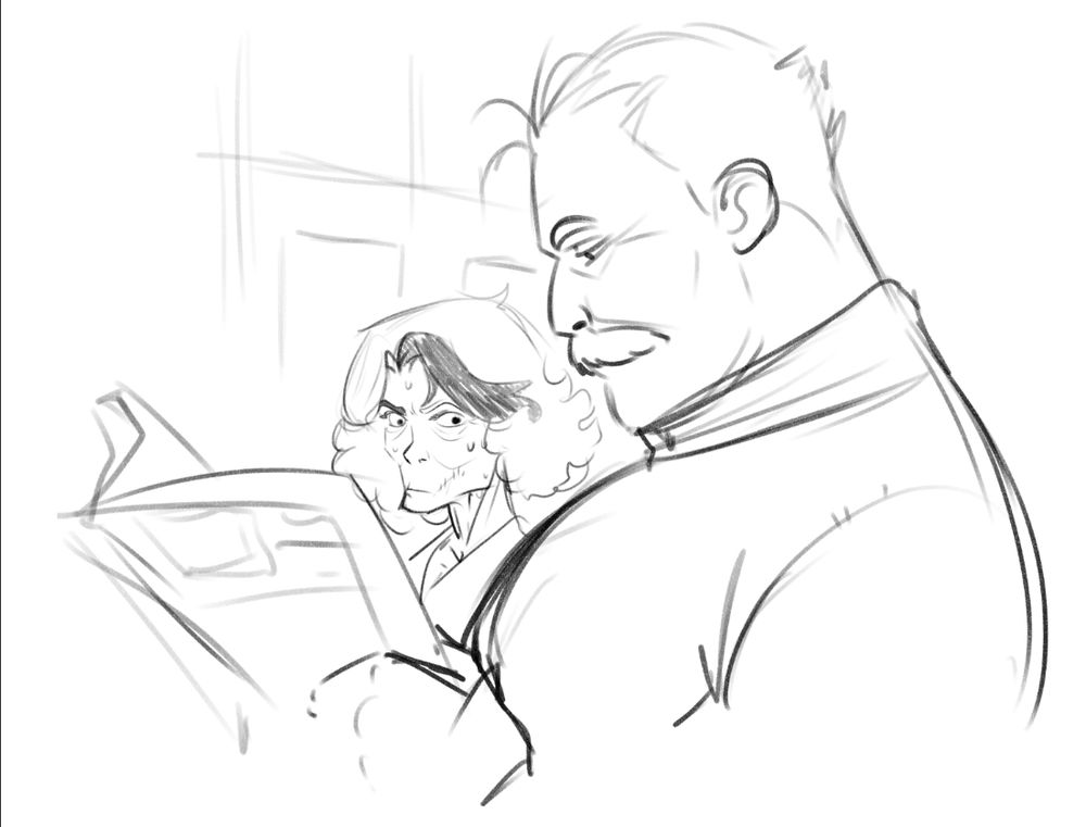 A sketch of two men sitting next to each other. The smaller man in the background is looking at the chest area of the larger man in the foreground. The smaller man looks sweaty.