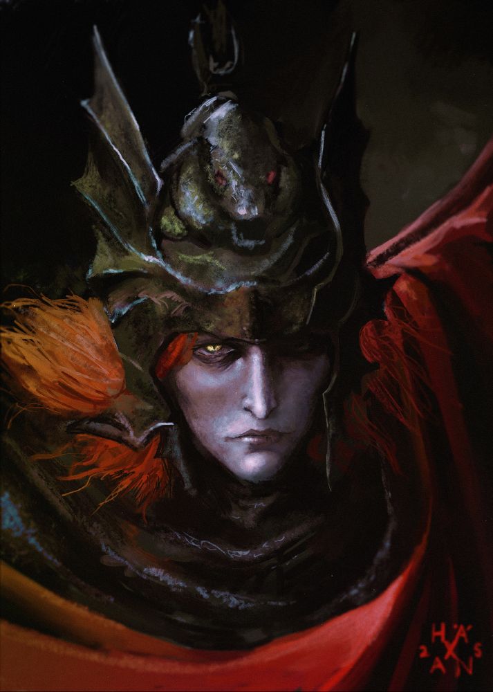 a dark & moody digital painting of that moody edgelord from the elden ring dlc, messmer the impaler. 