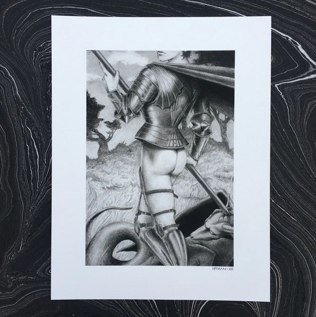 A graphite drawing of St George and the Dragon. St George is, very notably, unbothered by the fact that he is not properly dressed in all his armor, and that his ass is fully out. Well, he at least is wearing some late gothic armor everywhere else. Around his beautiful be-greaved legs twists the serpent itself! That horrible dragon. He is holding some sort of polearm weapon in his arms, his cape is billowing in the wind, and the piece cuts off most of his face, only showing the beautiful supple mouth. This is one of the best pieces of art you could ever hang in your house. Personally I would make him a guardian of the bathroom.