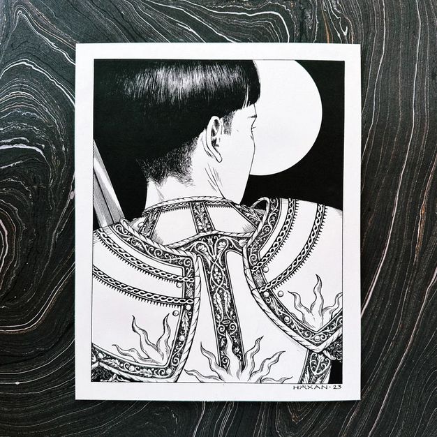 print of Knight of the Morning star. an over the shoulder view of a male knight in ornate armor. his head is slightly turned, his sword aloft. behind him the pitch black sky, the moon is fucking huge. it is very cool