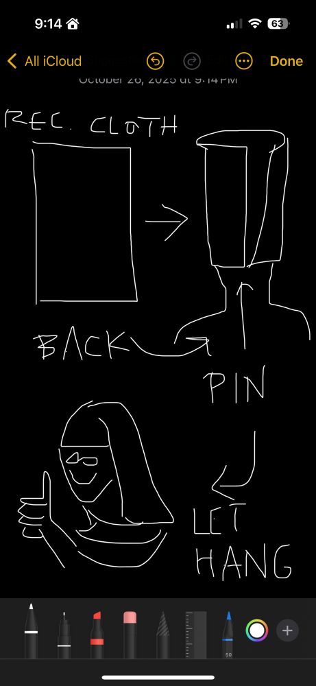 1. rectangle cloth 
2. tube the cloth. pin at back of head (nape of neck likely)
3. let hang down. he likes it!