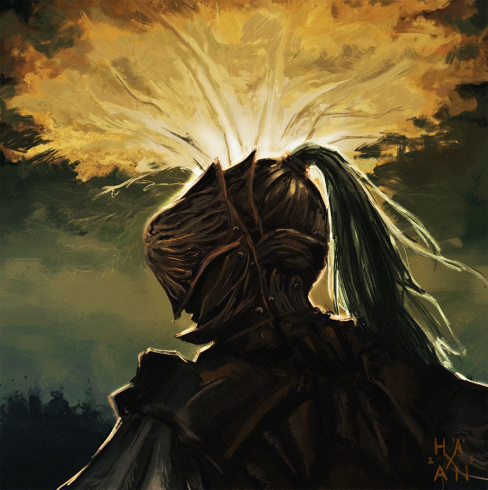 a digital painting of the Executor from Nightreign in profile. in the distance behind him, the Erdtree glows