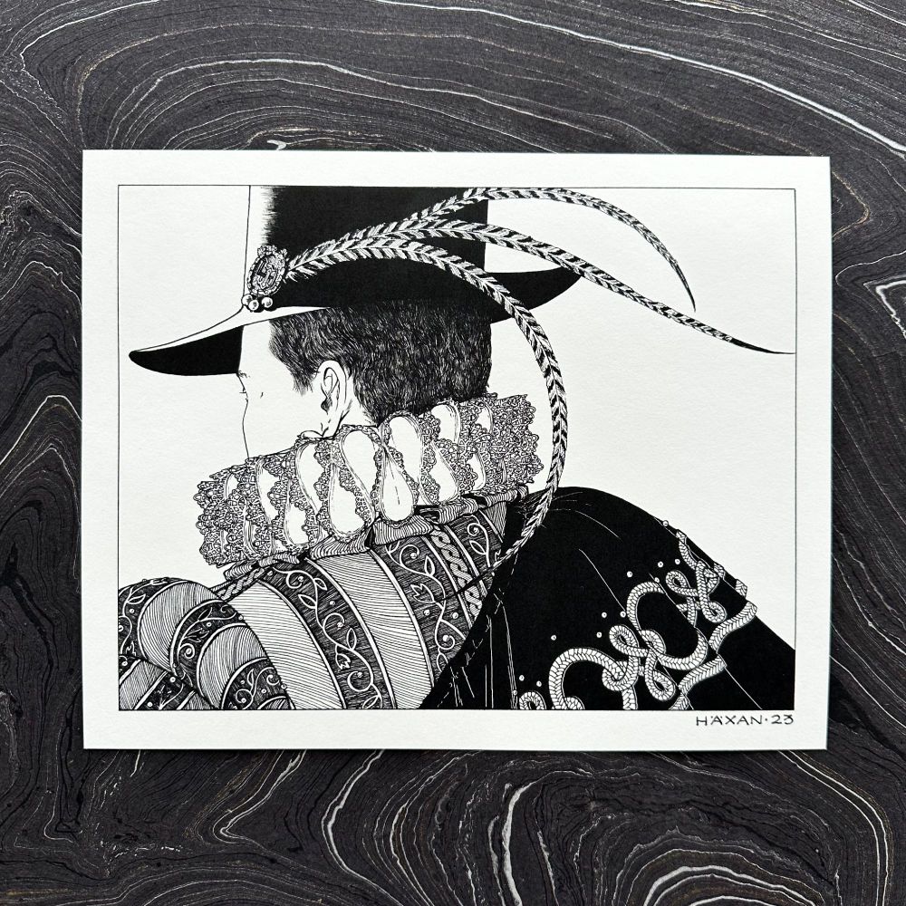  black and white print of my b&w illustration The Ruff, featuring a really dapper 1570s gentleman in a ridiculously detailed lace ruff and a hat with three beautifully serpentine pheasant feathers. he has a cloak over one shoulder with a rope braid design, and his doublet has a rather modest embroidered filigree design. the figure is facing away from us, with just the hint of lashes indicating where he's looking. from the ear we can see, a teardrop pearl earring rests on his ruff. very beautiful and, as they say, "i cant wait for it to be the 1570s again so i can really start dressing"