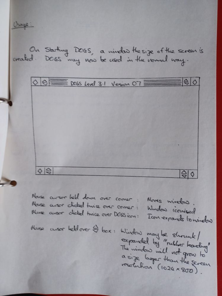 A page from a notebook explaining how DOGS ran in a window on the Whitechapel MG-1 workstation.