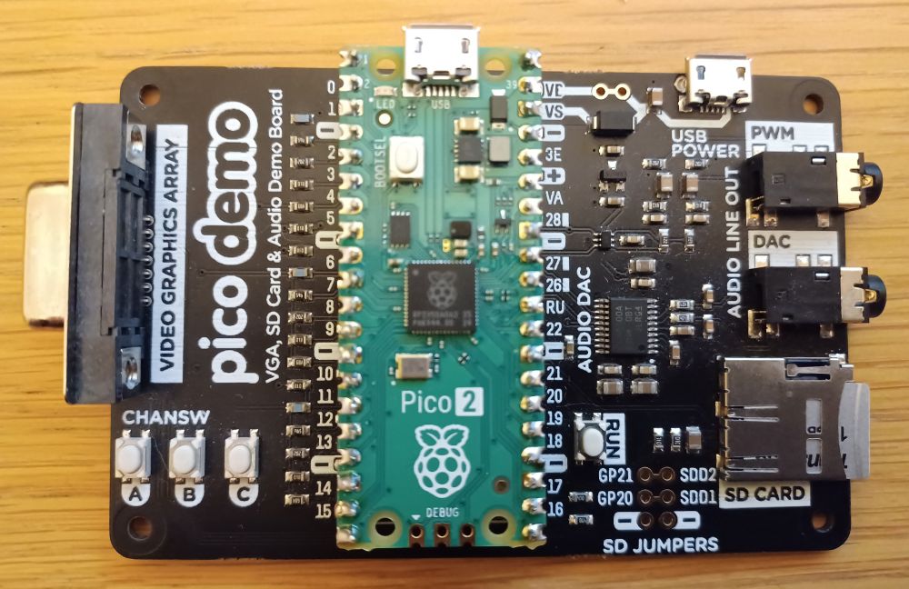 A Raspberry Pico 2 microcontroller, installed into a Pimoroni VGA demo base. The software installed is the Pico MZ-80K, an emulator wot I wrote for the venerable Sharp MZ-80K.