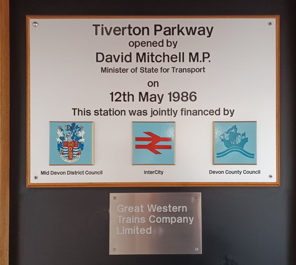 Tiverton Parkway was opened by David Mitchell MP on 12th May 1986. Some of the cobwebs on the roof look as if they've been there since then.