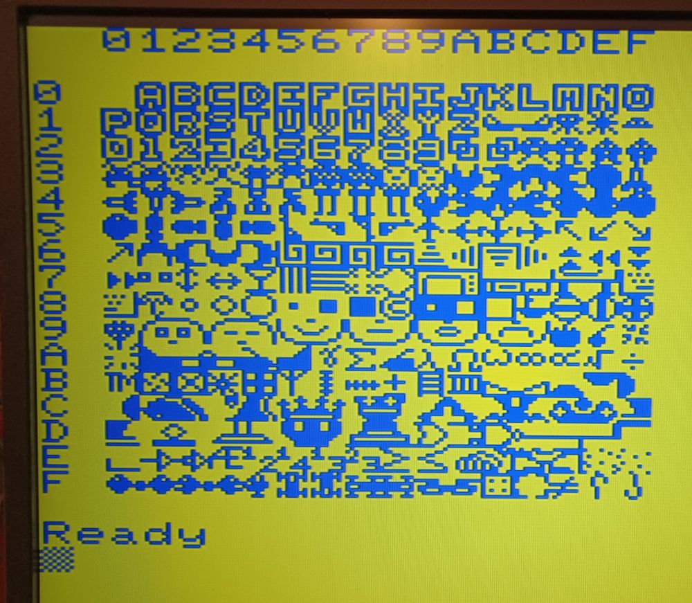 The upper 255 characters of the Sharp MZ700. Blue characters on a yellow background. 
