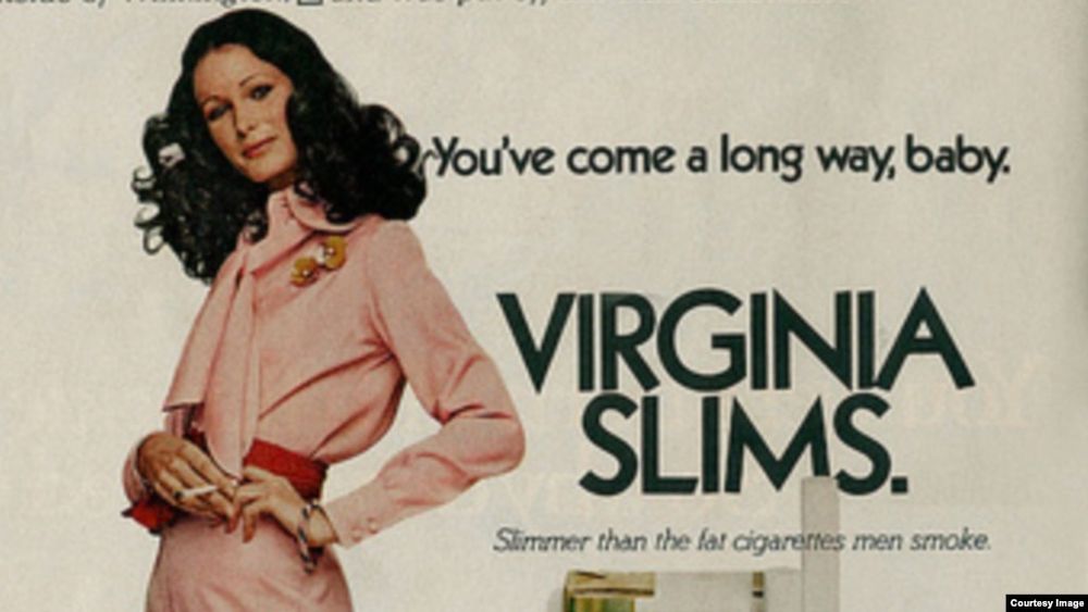Old Virginia Slims cigarette ad with slogan “You’ve come a long way, baby” 