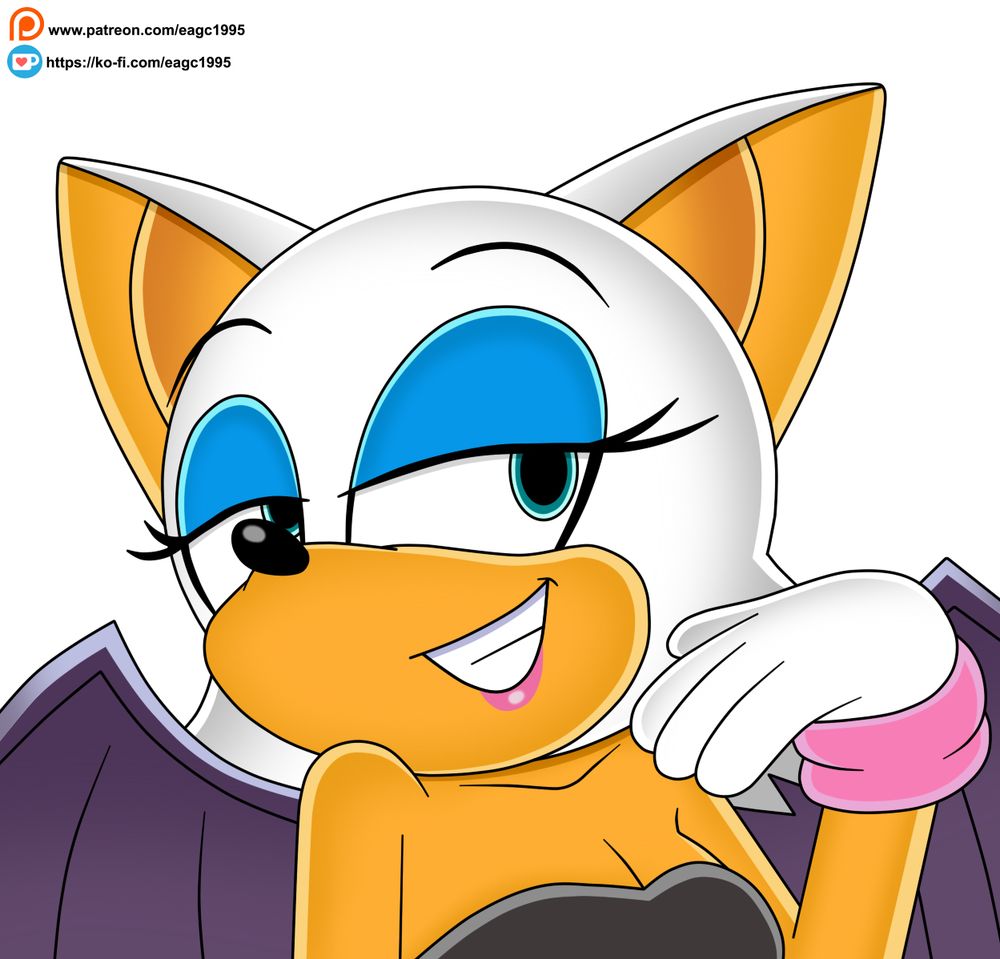 A drawing of Rouge the Bat from Sonic the Hedgehog, she's smilling and raising up her bare shoulder