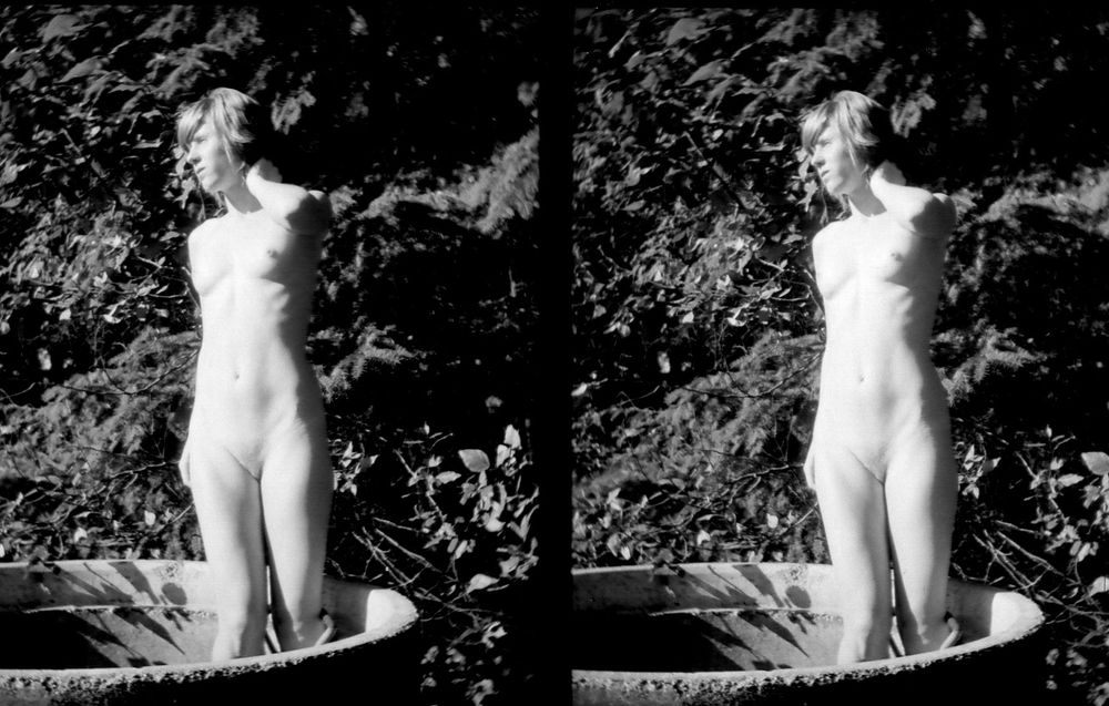 one half of a four image photograph in black and white lf a naked eighteen year old female model standing inside a concrete pipe

the camera, a 'Nimslo' camera, had four lenses aligned along the same horizontal plane ("lenticular" alignment) but each lens had its own aspect and focal point allowing for early 3D printed images that didnt need glasses.. just a specific printing technology and materials that let you 'look in to' the image as you moved the print from side to side.