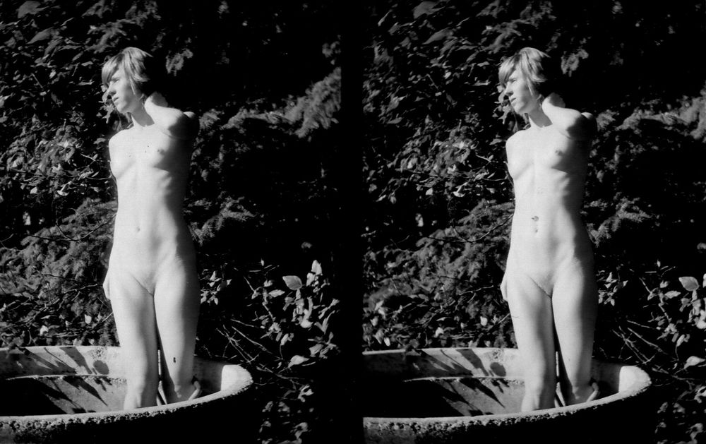 the other half of a four image photograph in black and white lf a naked eighteen year old female model standing inside a concrete pipe

the camera, a 'Nimslo' camera, had four lenses aligned along the same horizontal plane ("lenticular" alignment) but each lens had its own aspect and focal point allowing for early 3D printed images that didnt need glasses.. just a specific printing technology and materials that let you 'look in to' the image as you moved the print from side to side.

the camera would shoot four 1/2 frame images thus one 'photograph' would use up two image spaces on normal 35mm film.