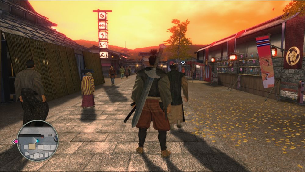 A screencap of the game "Ryu Ga Gotoku Kenzan!". The sky is a bright orange.