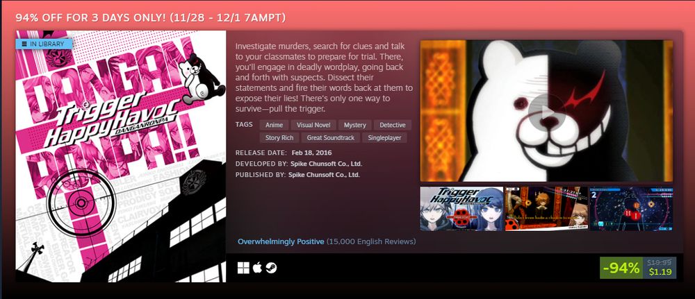 Danganronpa: Trigger Happy Havoc on sale for $1.19