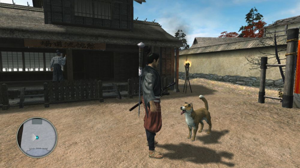 A screenshot of "Ryu Ga Gotoku Kenzan!" with Kiryu looking at a dog