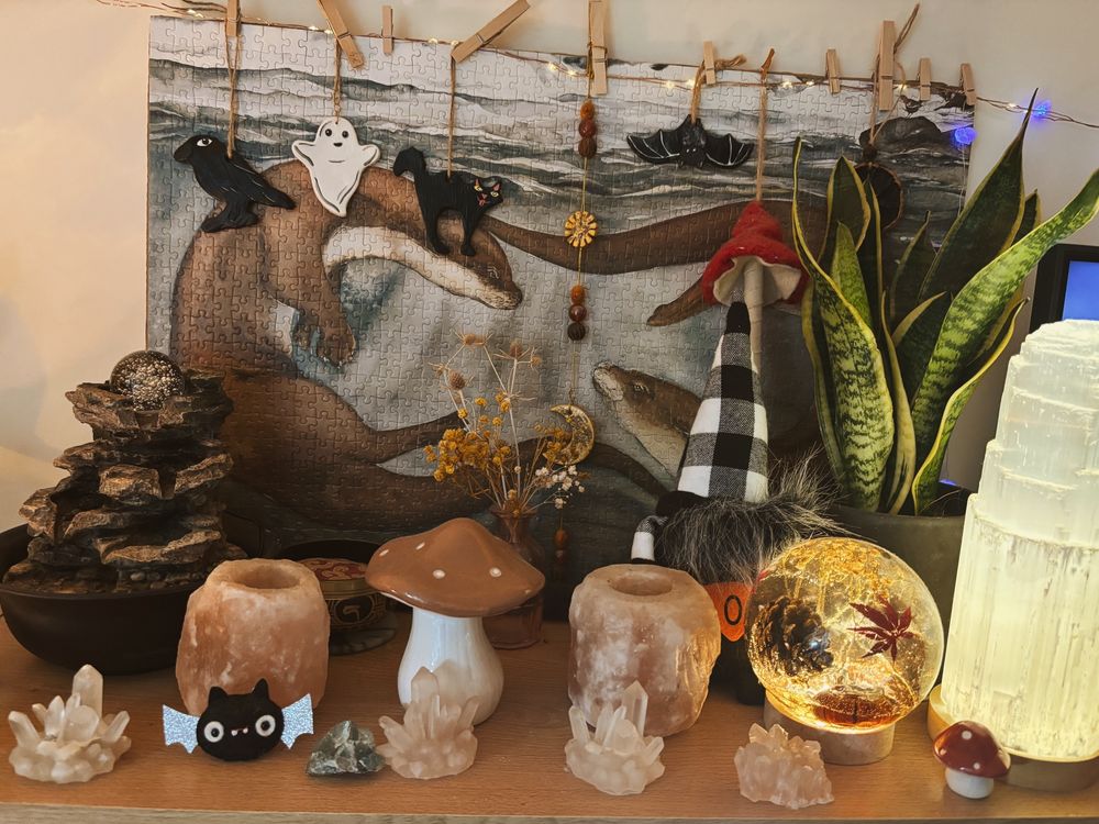 A display of various handmade Halloween decorations. 