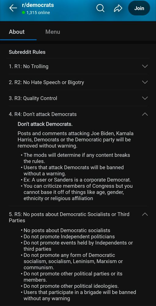 r/democrats

Subreddit Rules
1. R1: No Trolling 
2. R2: No Hate Speech or Bigotry
3. R3: Quality Control
4. R4: Don't attack Democrats [expanded]
   Don't attack Democrats. 
   Posts and comments attacking Joe biden, Kamala harris, Democrats or the Democratic party will be removed without warning. 
     • The mods will determine if any content breaks the rules.
     • Users that attack Democrats will be banned without a warning. 
     • Ex: A user or Sanders is a corporate Democrat.
     • you can criticize members of Congress but you cannot base it off of things like age, gender, ethnicity or religious affiliation
 
5. R5: No posts about Democratic Socialists or Third Parties
     • No post about Democratic socialists
     • Do not promote Independent politicians
     • Do not promote events held by Independents or third parties
     • Do not promote any form of Democratic socialism, socialism, Leninism, Marxism, or communism.
     • Do not promote other political parties or its members
     • Do not promote other political ideologies.
     • Users that participate in a brigade will be banned without any warning