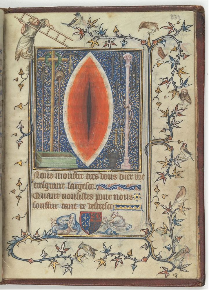 A medieval Book of Hours with a stylized illustration of the sacred side wound of Christ, where the spear stabbed him. It's, uh, extremely yonic